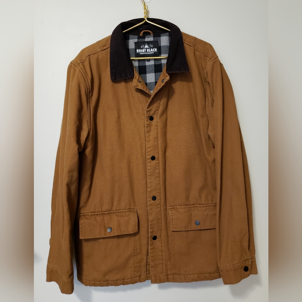 Canvas Jacket With Corduroy Collar Snap Front Mens XL With Plaid Liner